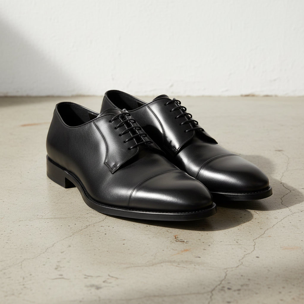 Handmade Mens black oxfords leather shoes, Men black tuxedo shoes - angle-view-showing-depth