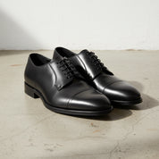 Handmade Mens black oxfords leather shoes, Men black tuxedo shoes - angle-view-showing-depth