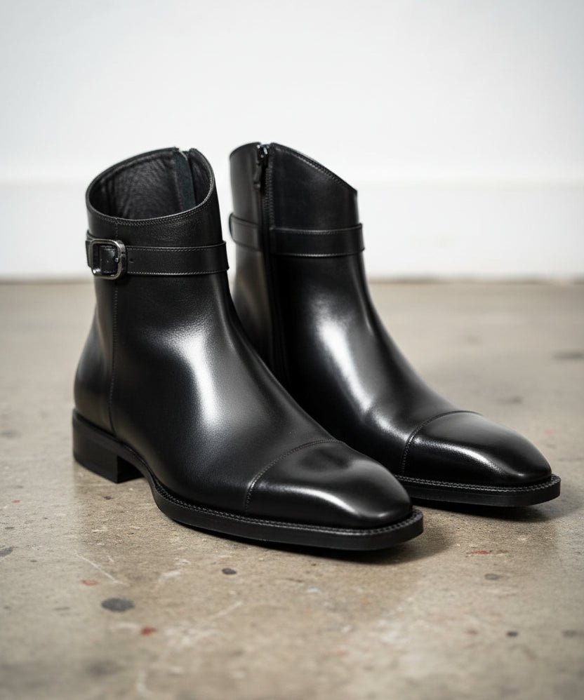 Handmade Mens Black side zip real leather ankle boots, Men dress boot - angle-view-showing-depth