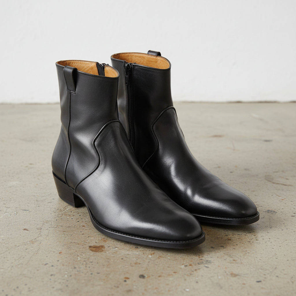 Handmade Men's Black Side Zipper Ankle Boot,