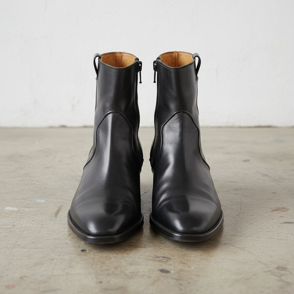 Handmade Men's Black Side Zipper Ankle Boot,