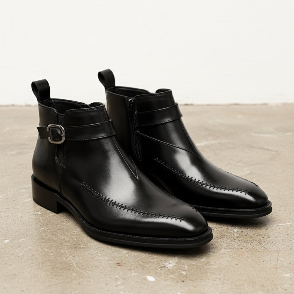 Handmade Mens Black side zipper style boots, Men leather Jodhpurs boot - angle-view-showing-depth