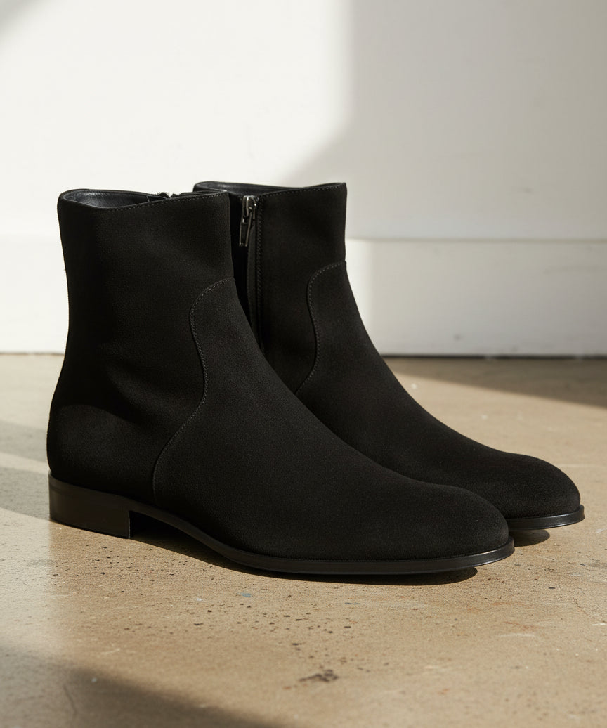 Handmade Mens Black Side Zipper Suede Leather Boots, Mens Ankle High Suede - angle-view-showing-depth