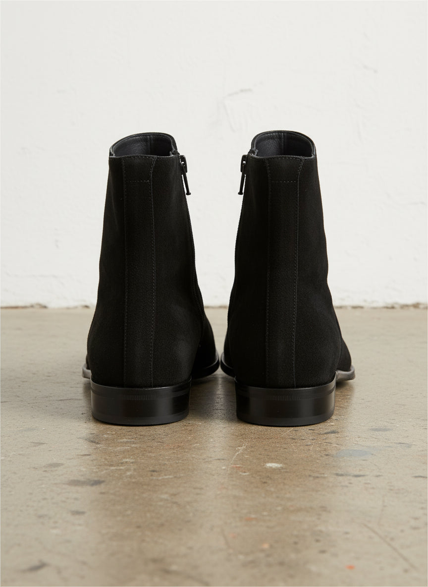 Handmade Mens Black Side Zipper Suede Leather Boots, Mens Ankle High Suede - back-view