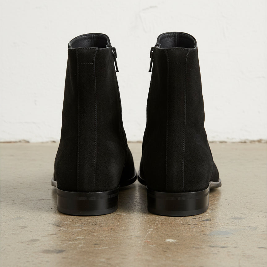 Handmade Mens Black Side Zipper Suede Leather Boots, Mens Ankle High Suede - back-view