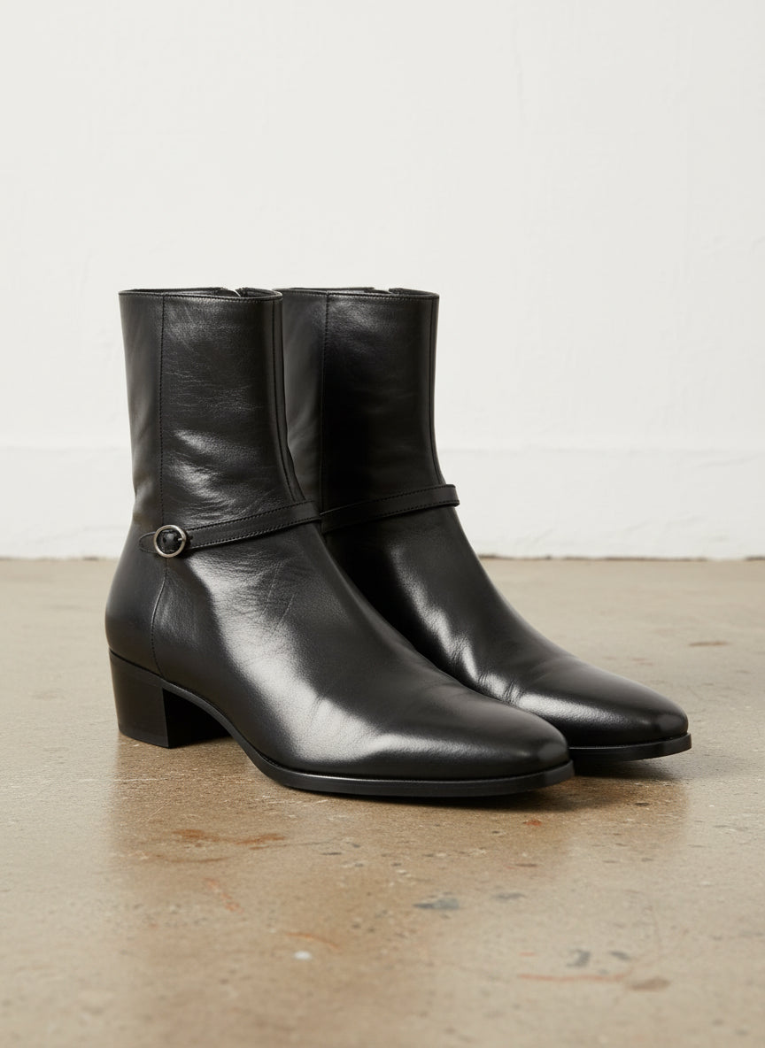 Handmade Mens black smooth leather ankle boots, Men black side zip boots - 3-4-right-view