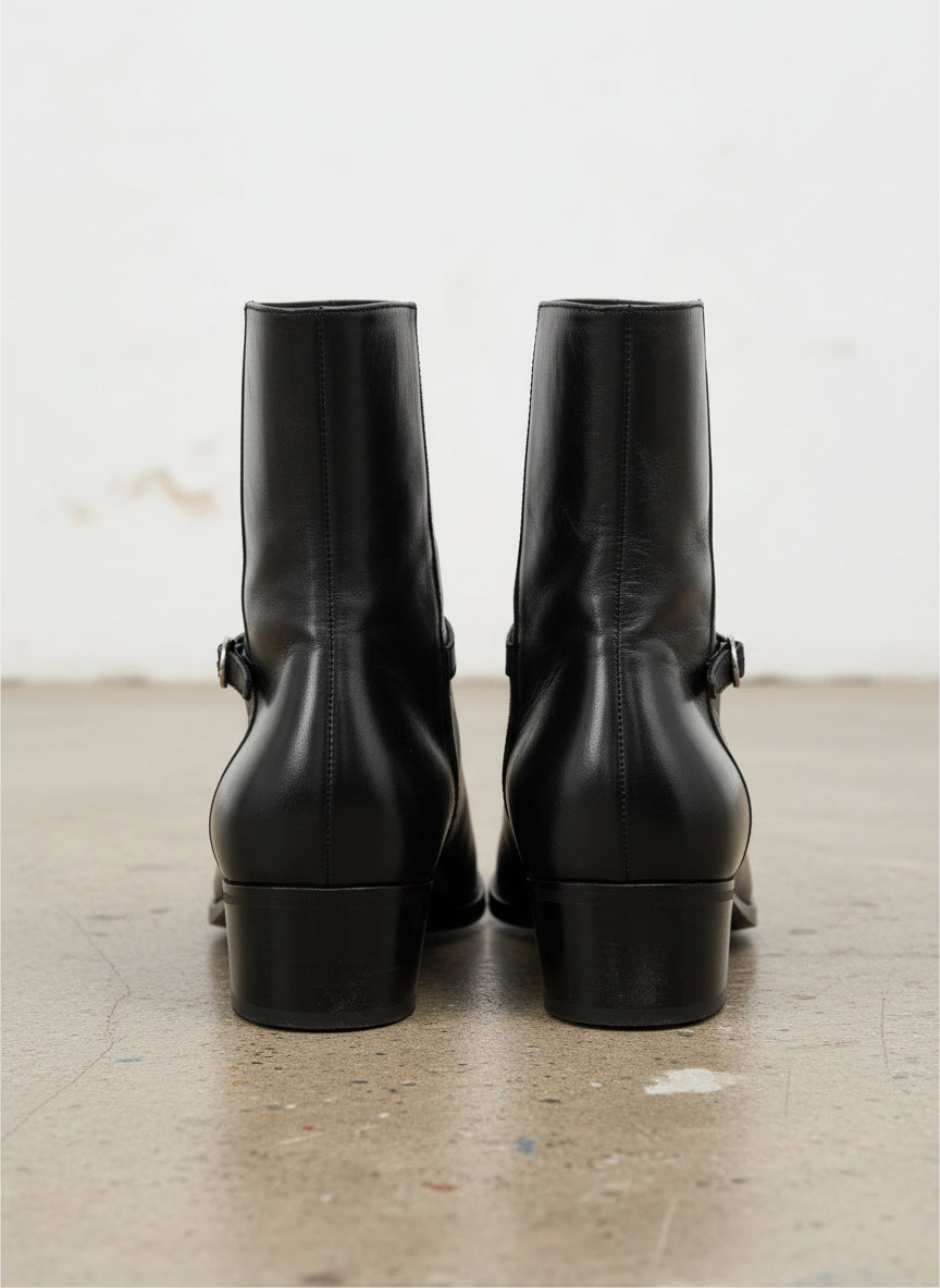 Handmade Mens black smooth leather ankle boots, Men black side zip boots - back-view