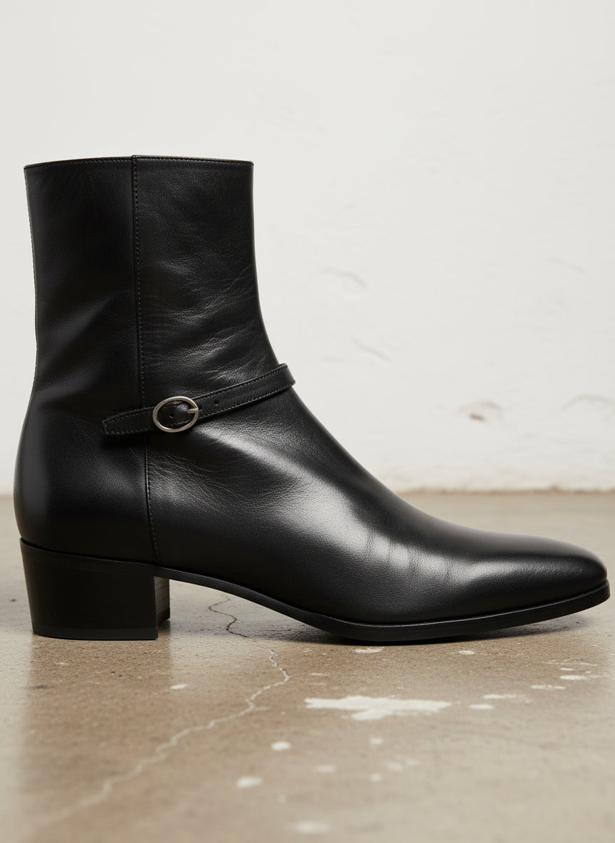 Handmade Mens black smooth leather ankle boots, Men black side zip boots - detail-view-showing-texture