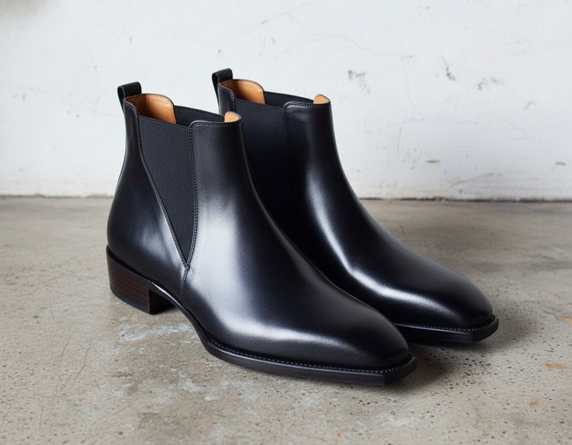 Handmade Mens Black Square toe Leather Chelsea boots, Leather Chelsea boots - 3-4-right-view