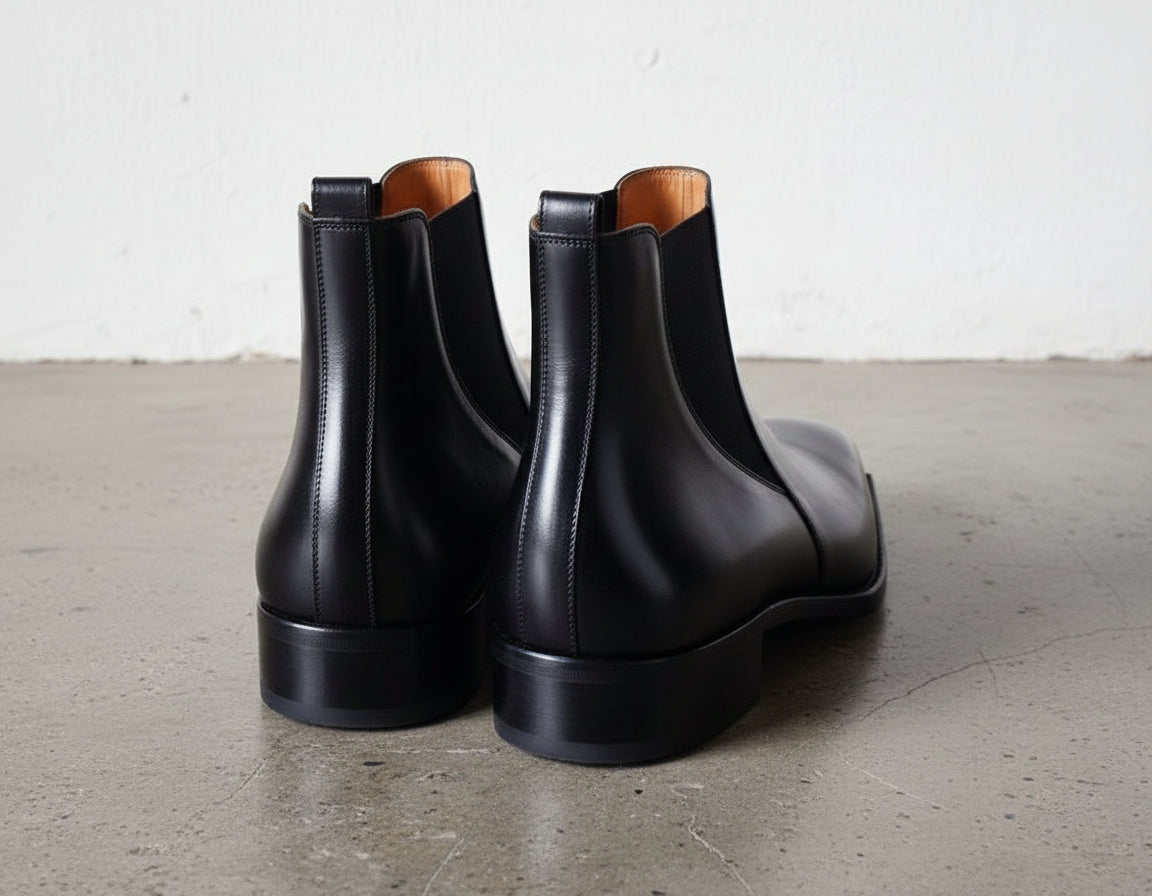 Handmade Mens Black Square toe Leather Chelsea boots, Leather Chelsea boots - back-view