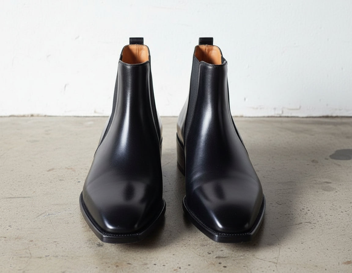 Handmade Mens Black Square toe Leather Chelsea boots, Leather Chelsea boots - front-view