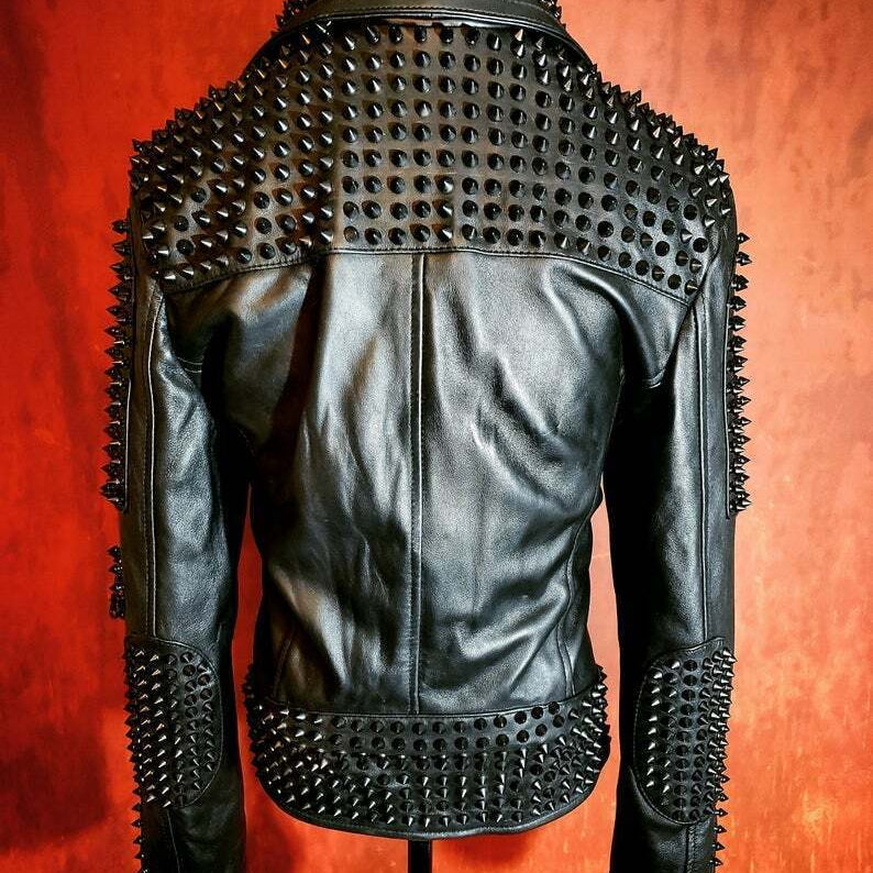 Handmade Men's Black Studded Punk Style Black Biker Rock Design Jacket