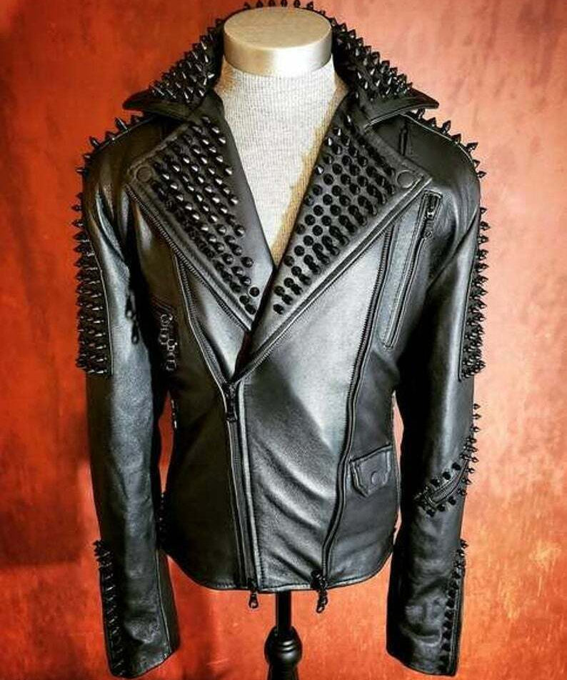 Handmade Men's Black Studded Punk Style Black Biker Rock Design Jacket