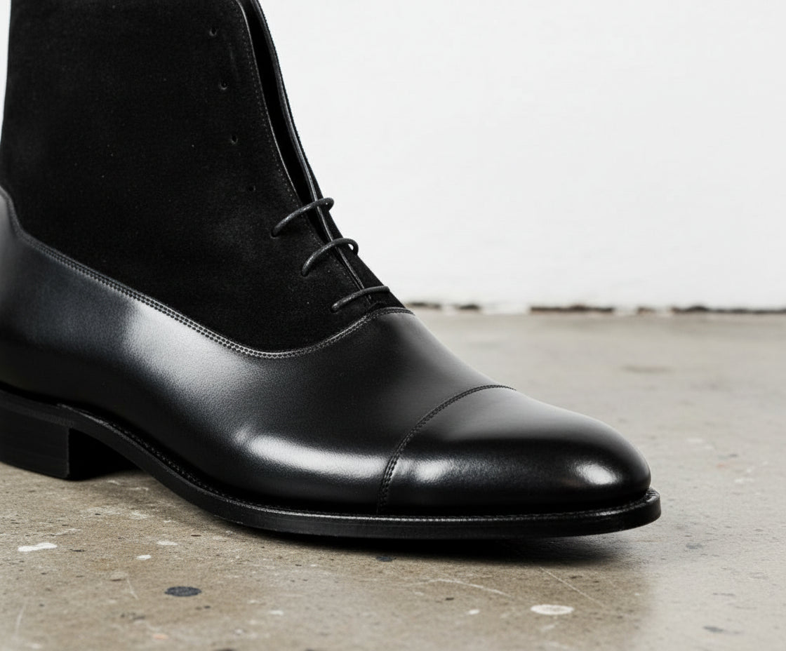 Handmade Mens Black Suede And Leather Ankle Lace Up Boot, Mens Formal Boot - detail-view-showing-texture