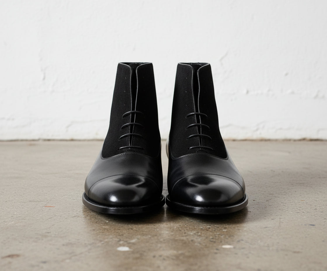 Handmade Mens Black Suede And Leather Ankle Lace Up Boot, Mens Formal Boot - front-view