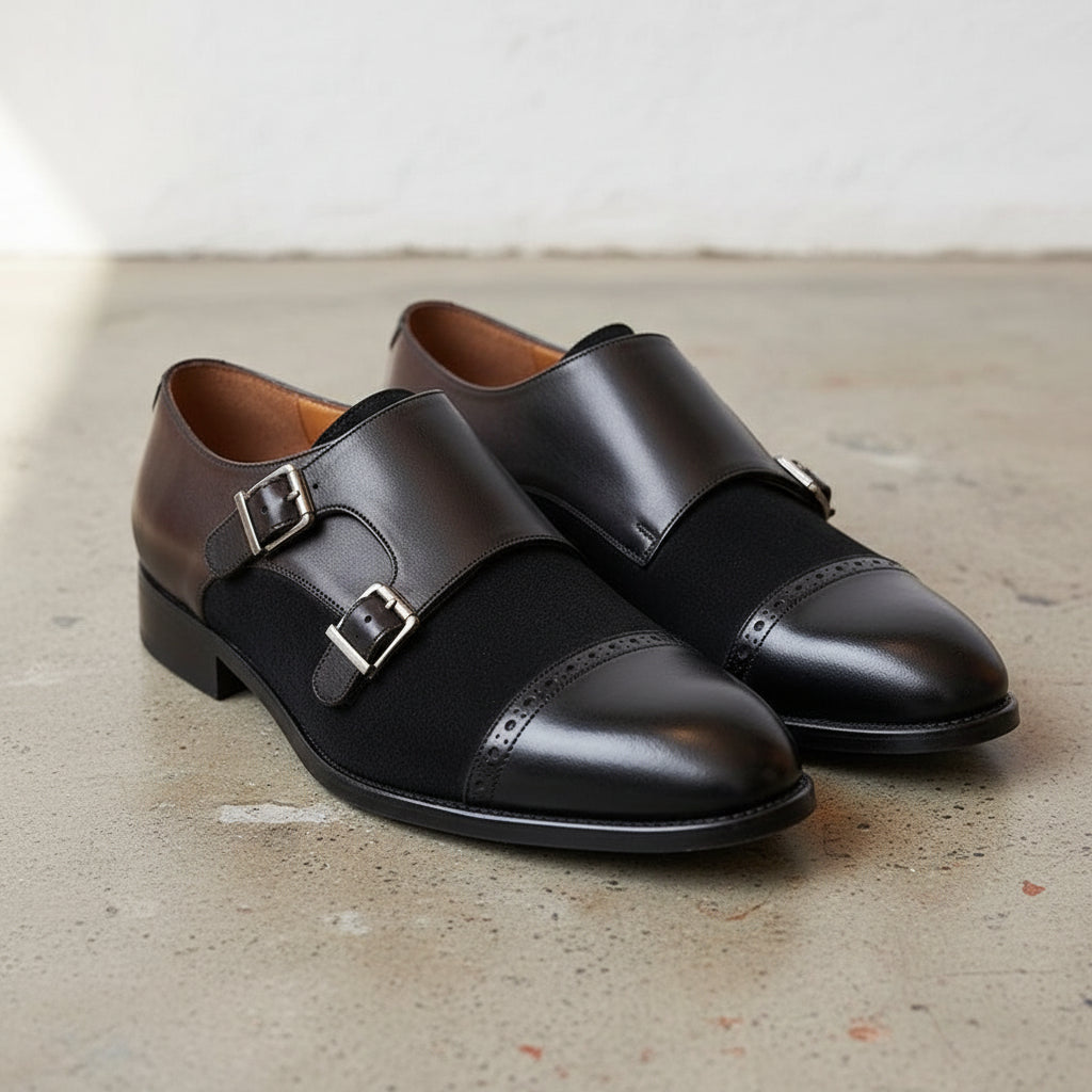 Handmade Mens black suede and leather dress shoes, Shoes for mens, Buckle s - 3-4-right-view