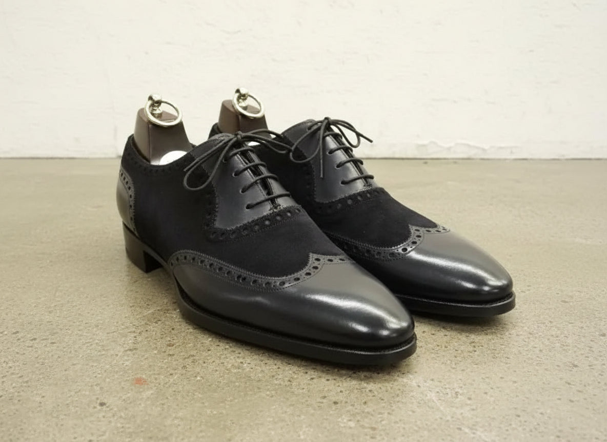 Handmade Mens black suede and leather dress shoes, Men wingtip lace up shoe - angle-view-showing-depth
