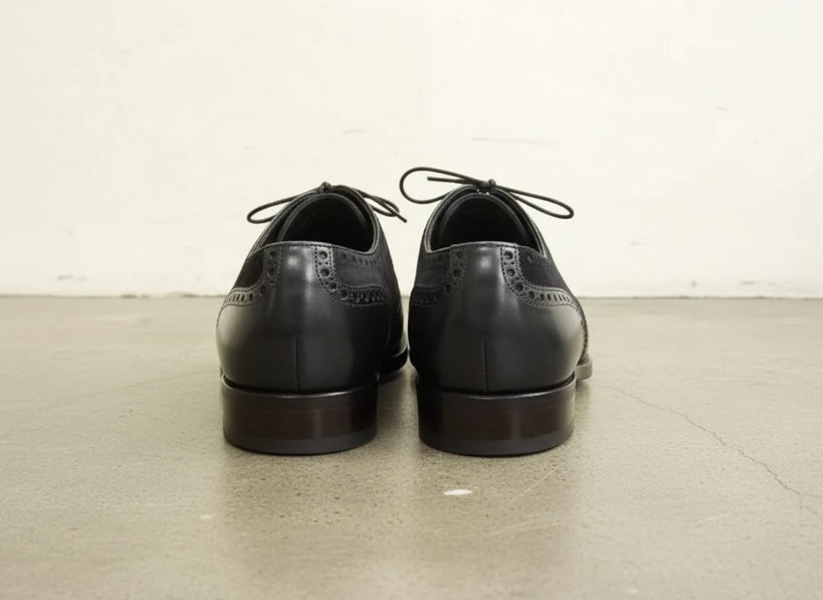 Handmade Mens black suede and leather dress shoes, Men wingtip lace up shoe - back-view