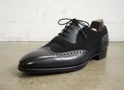 Handmade Mens black suede and leather dress shoes, Men wingtip lace up shoe - detail-view-showing-texture
