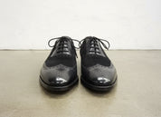Handmade Mens black suede and leather dress shoes, Men wingtip lace up shoe - front-view