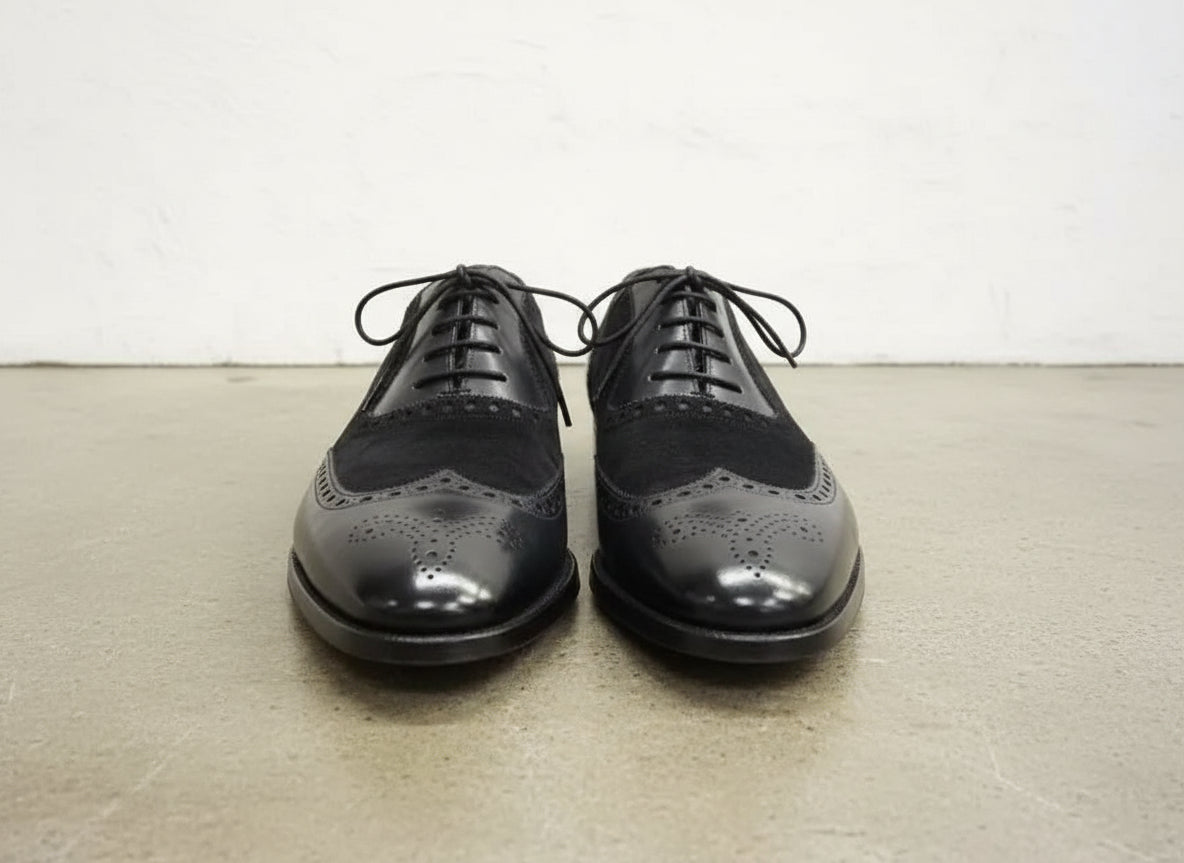 Handmade Mens black suede and leather dress shoes, Men wingtip lace up shoe - front-view