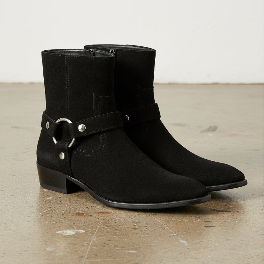 Handmade Men's Black Suede Biker Boot, Mens Suede Leather Ankle Boot - angle-view-showing-depth