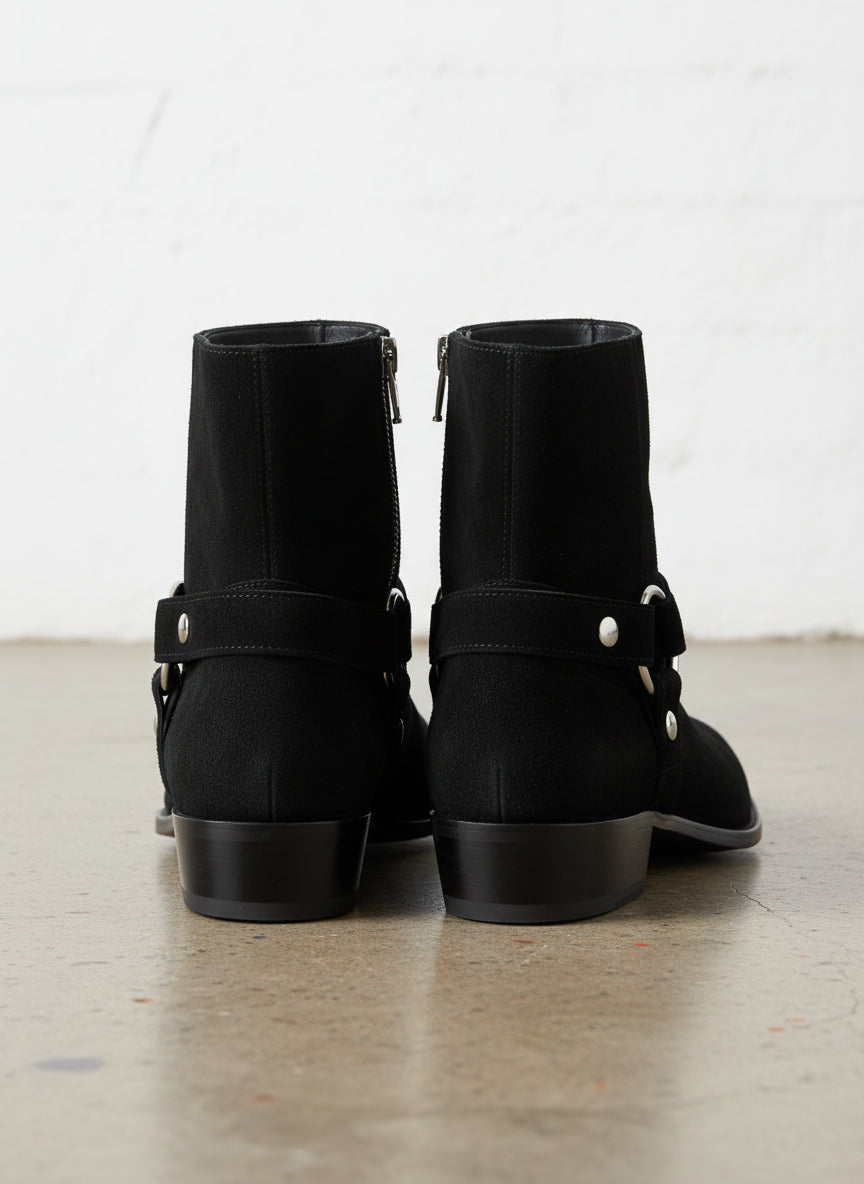 Handmade Men's Black Suede Biker Boot, Mens Suede Leather Ankle Boot - back-view