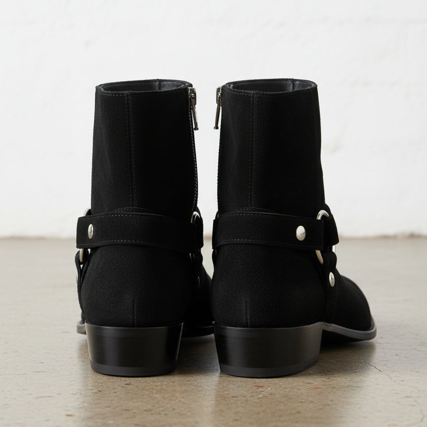 Handmade Men's Black Suede Biker Boot, Mens Suede Leather Ankle Boot - back-view