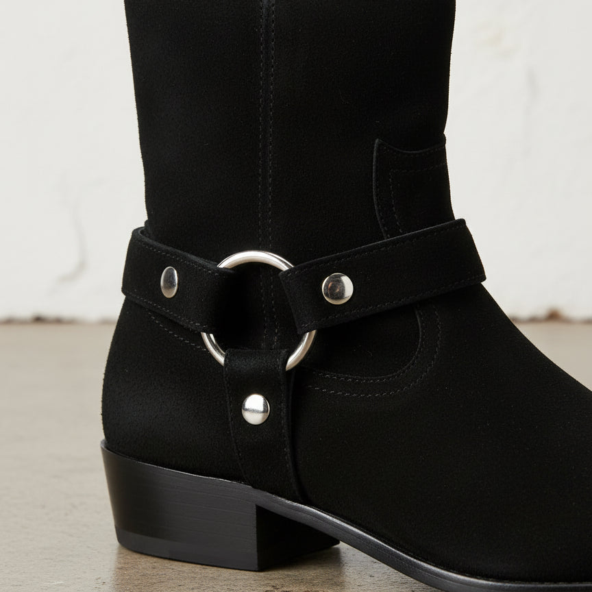 Handmade Men's Black Suede Biker Boot, Mens Suede Leather Ankle Boot - detail-view-showing-texture