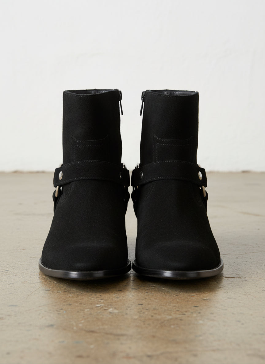 Handmade Men's Black Suede Biker Boot, Mens Suede Leather Ankle Boot - front-view