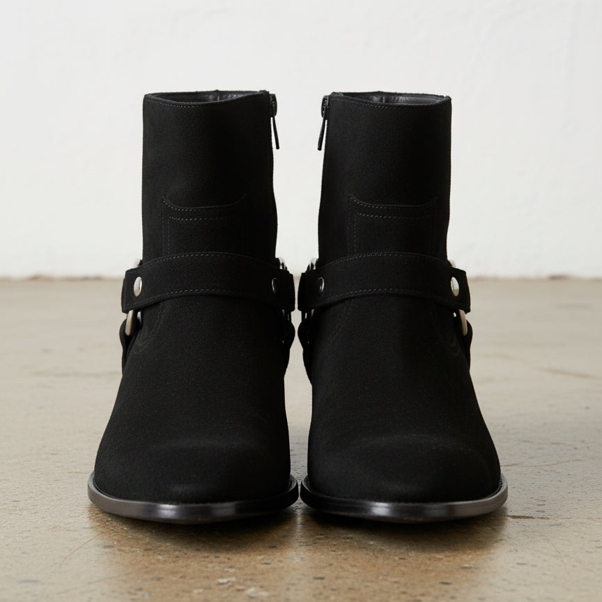 Handmade Men's Black Suede Biker Boot, Mens Suede Leather Ankle Boot - front-view