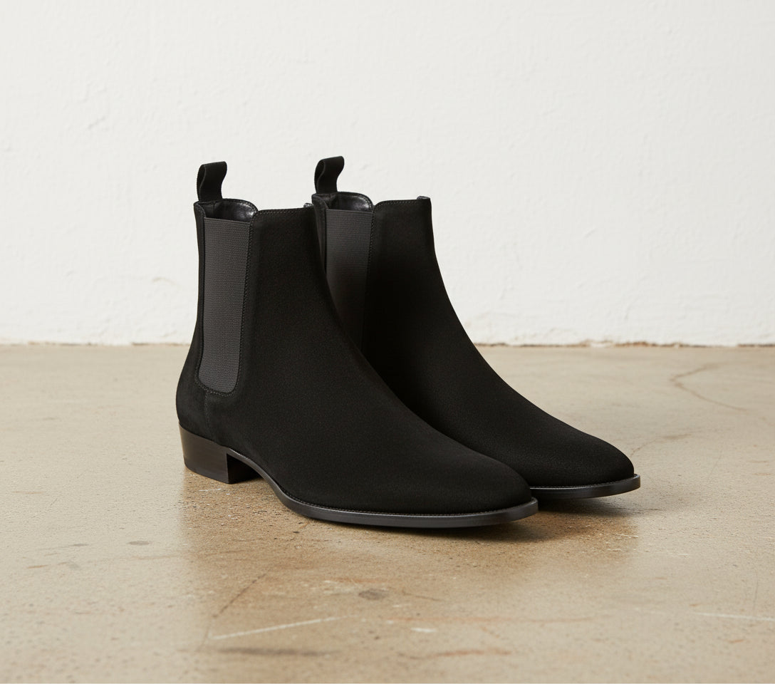 Handmade Mens Black Suede Chelsea boots, Men Rock style Suede ankle boot - angle-view-showing-depth