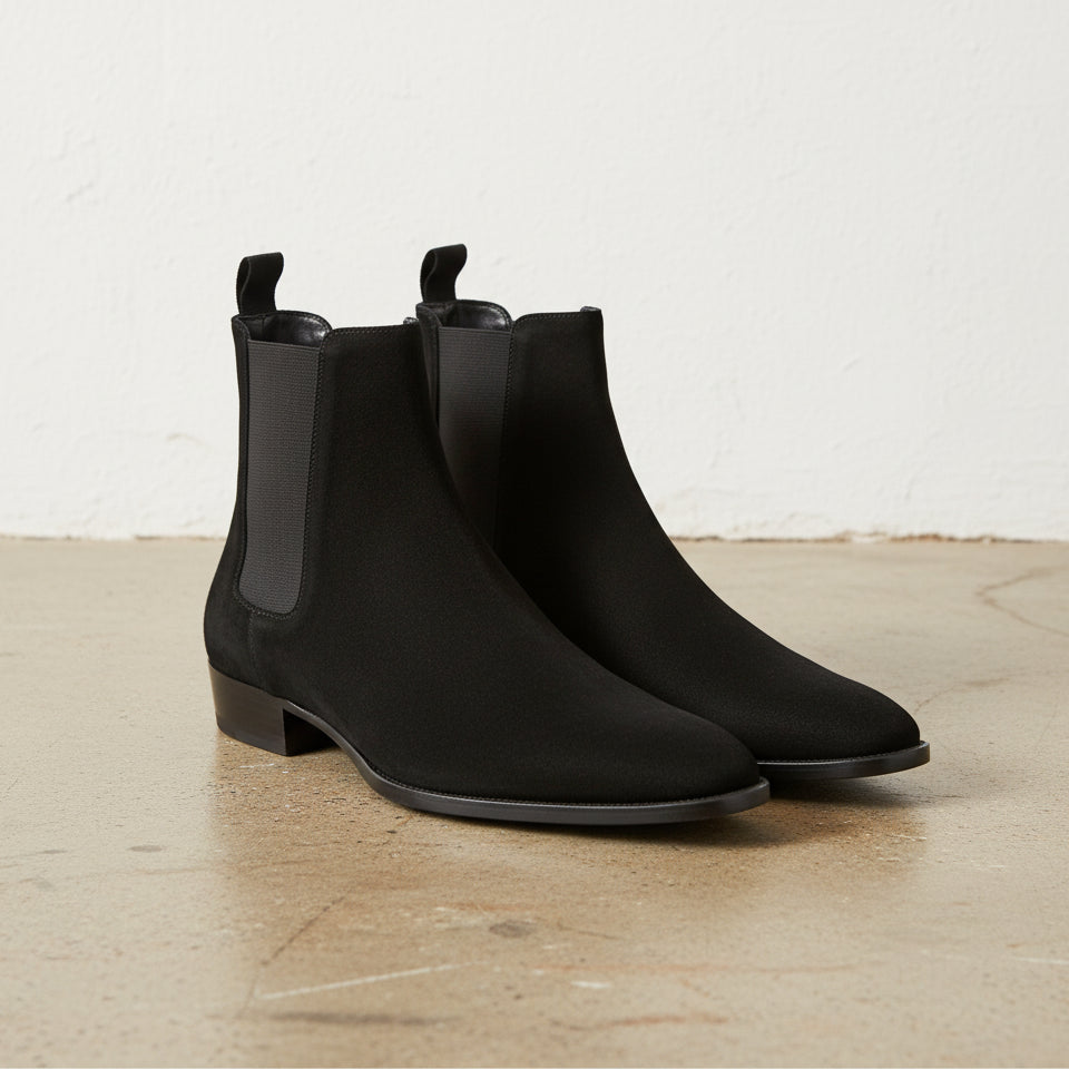 Handmade Mens Black Suede Chelsea boots, Men Rock style Suede ankle boot - angle-view-showing-depth