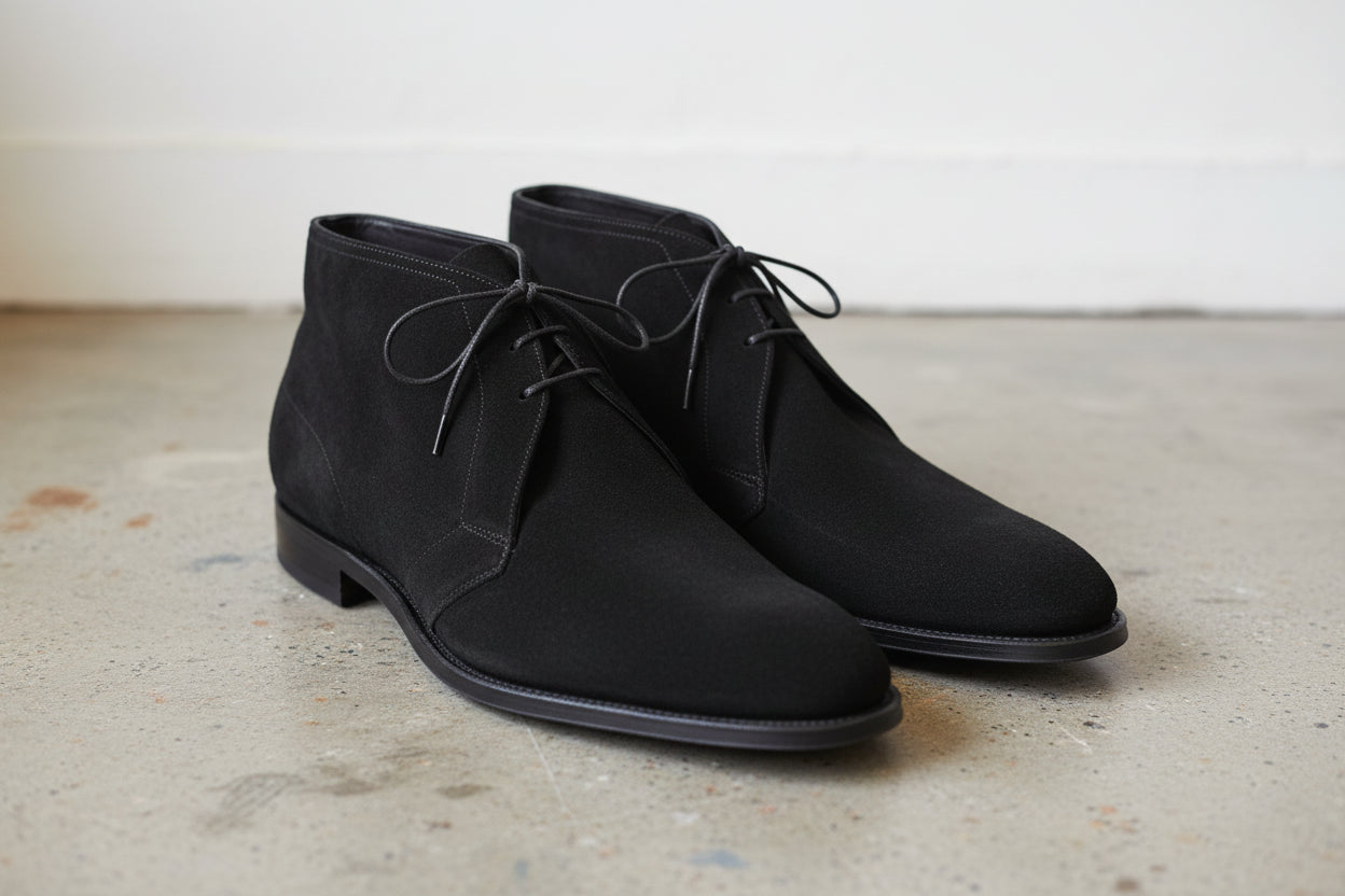 Handmade Mens Black Suede Chukka Boots, Men Brown Laceup Suede Boot - angle-view-showing-depth