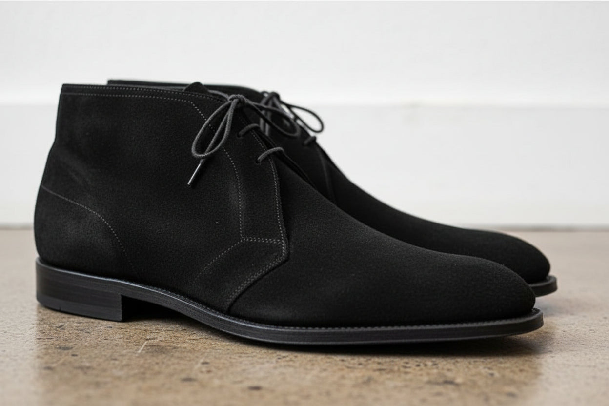 Handmade Mens Black Suede Chukka Boots, Men Brown Laceup Suede Boot - detail-view-showing-texture