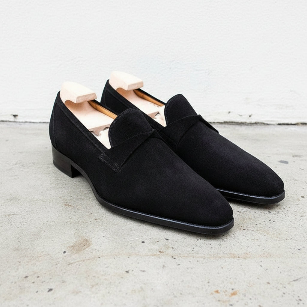Handmade Mens Black suede moccasins, Men black suede dress shoes, Mens shoe - angle-view-showing-depth