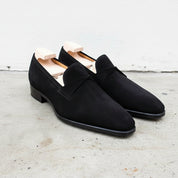 Handmade Mens Black suede moccasins, Men black suede dress shoes, Mens shoe - angle-view-showing-depth