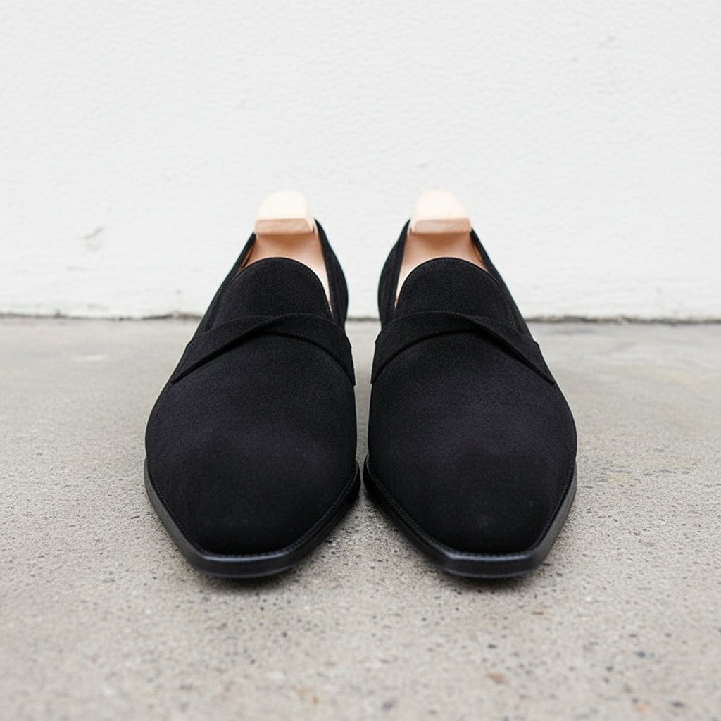 Handmade Mens Black suede moccasins, Men black suede dress shoes, Mens shoe - front-view