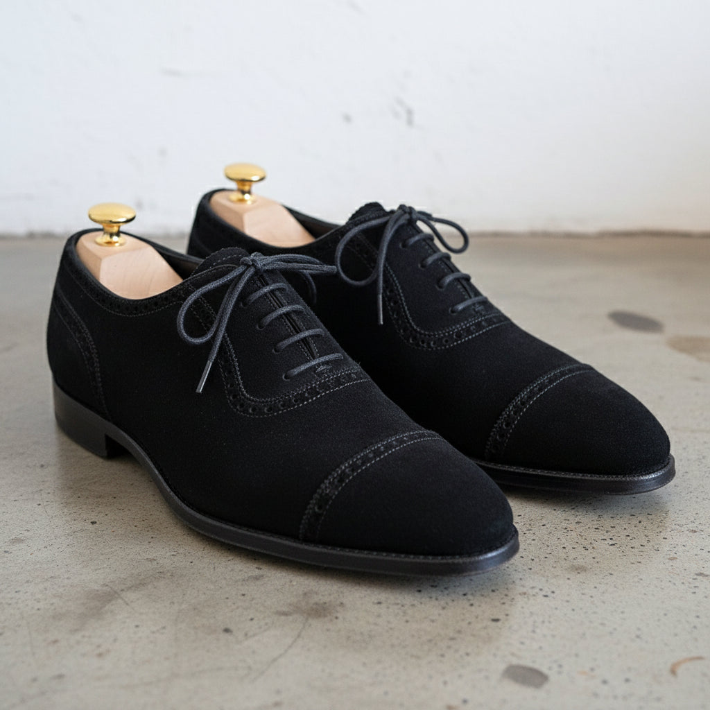 Handmade Mens Black Suede shoes, Mens black Oxfords dress shoes - detail-view-showing-texture
