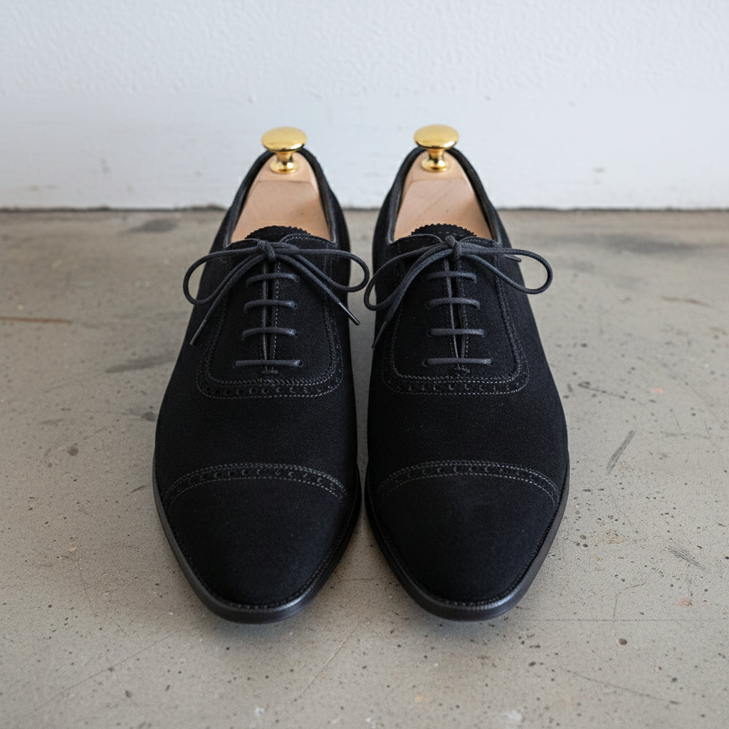 Handmade Mens Black Suede shoes, Mens black Oxfords dress shoes - front-view