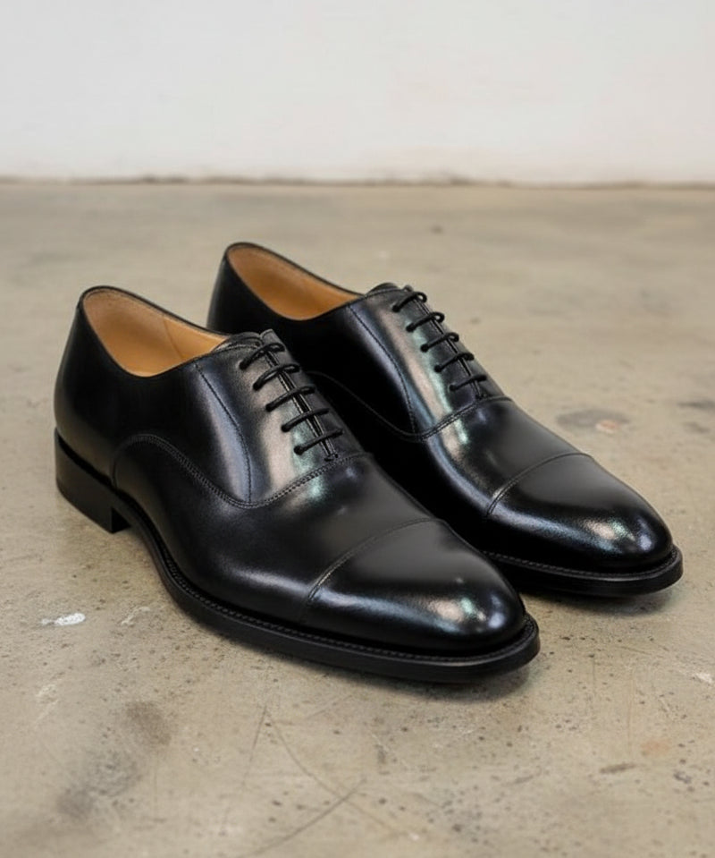 Handmade Mens Black tuxedo shoes, Men leather Oxford shoes, men dress shoes - angle-view-showing-depth