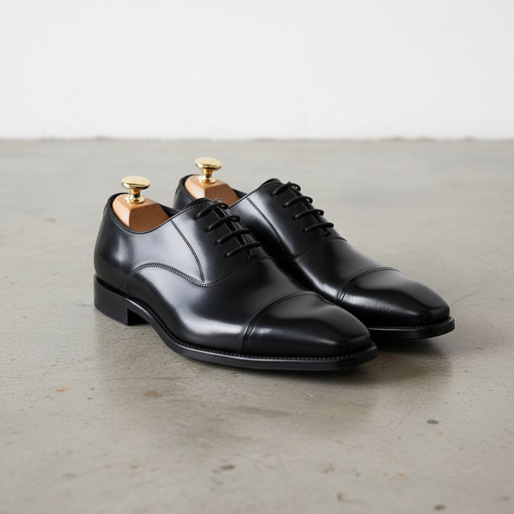 Handmade Mens Black tuxedo shoes, Men leather Oxford shoes, formal shoes - angle-view-showing-depth