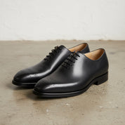 Handmade Mens Black tuxedo shoes, Men leather Oxford shoes, Men brogue shoe - angle-view-showing-depth