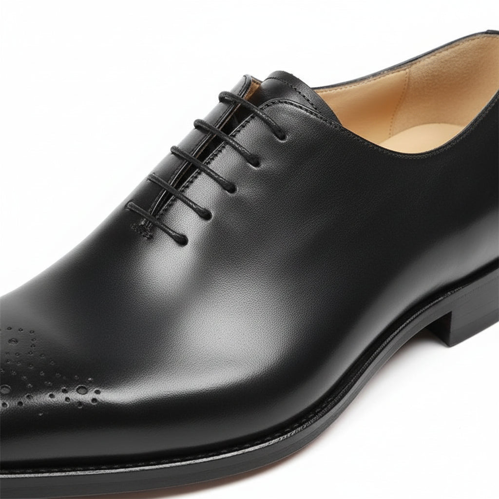 Handmade Mens Black tuxedo shoes, Men leather Oxford shoes, Men brogue shoe - detail-view-showing-texture
