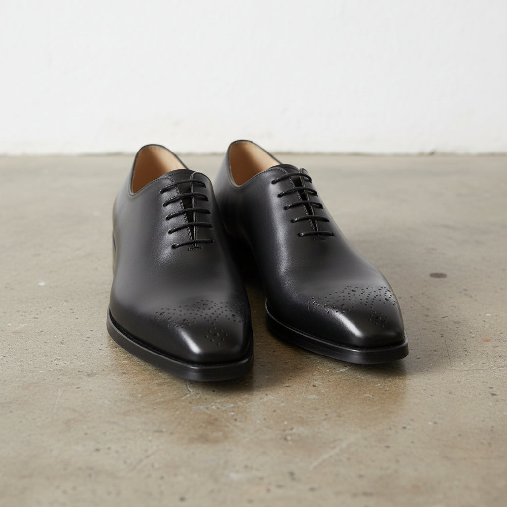 Handmade Mens Black tuxedo shoes, Men leather Oxford shoes, Men brogue shoe - front-view