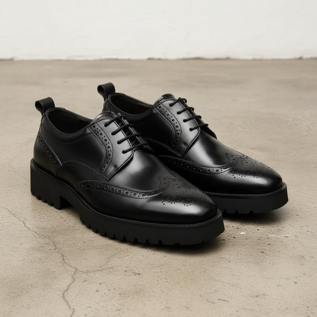 Handmade Mens black wingtip brogue dress shoes, Men tuxedo shoes - angle-view-showing-depth