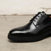 Handmade Mens black wingtip brogue dress shoes, Men tuxedo shoes - detail-view-showing-texture