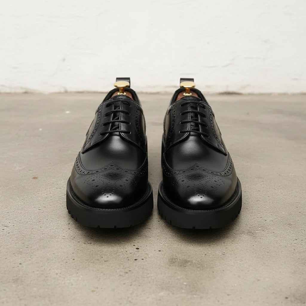 Handmade Mens black wingtip brogue dress shoes, Men tuxedo shoes - front-view