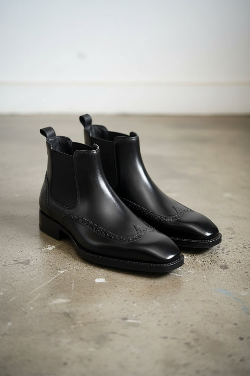 Handmade Mens black wingtip chelsea boots, Men dress boots, Mens ankle boot - 3-4-right-view