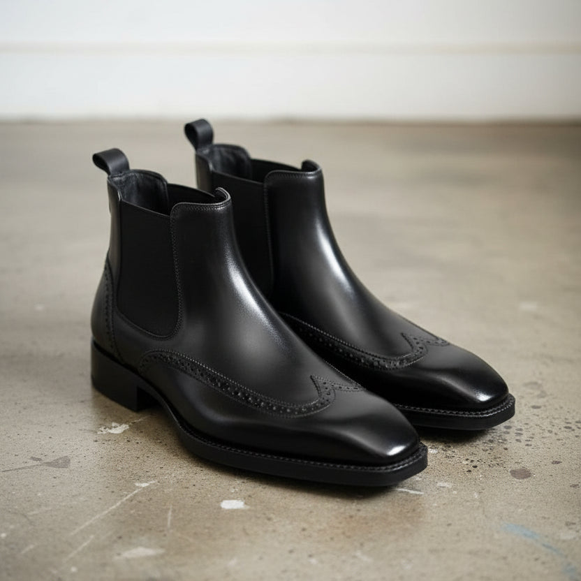Handmade Mens black wingtip chelsea boots, Men dress boots, Mens ankle boot - 3-4-right-view
